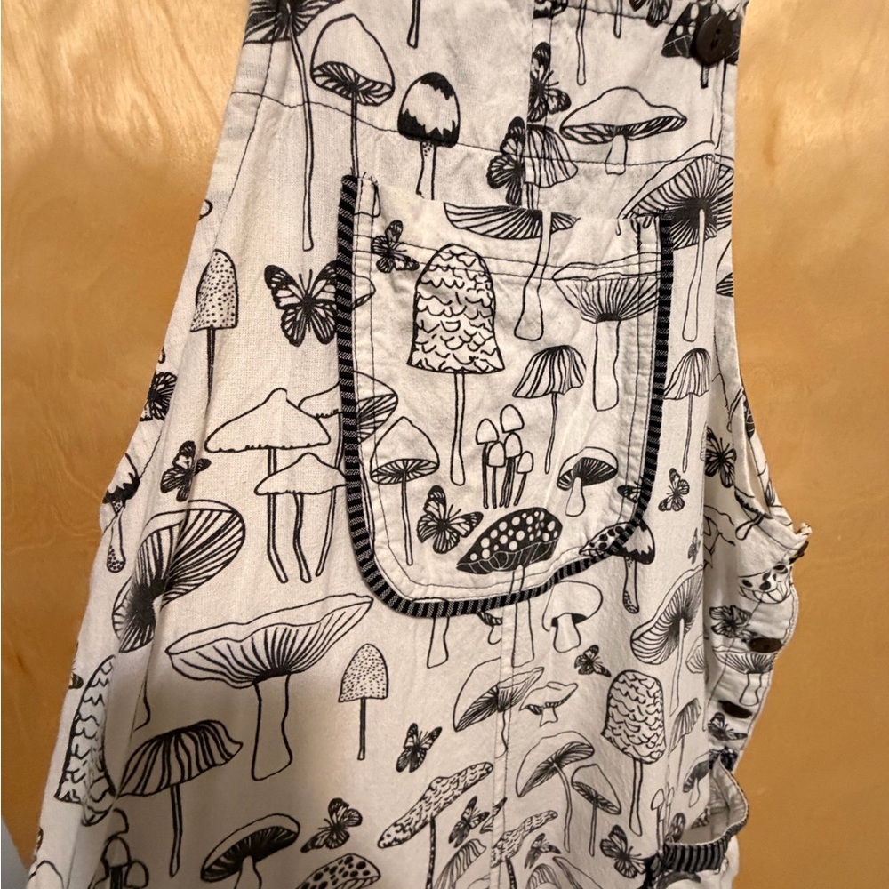 🍄White Overalls w/ Black Mushrooms - size woman’s small OVERSIZED - Picture 2 of 8